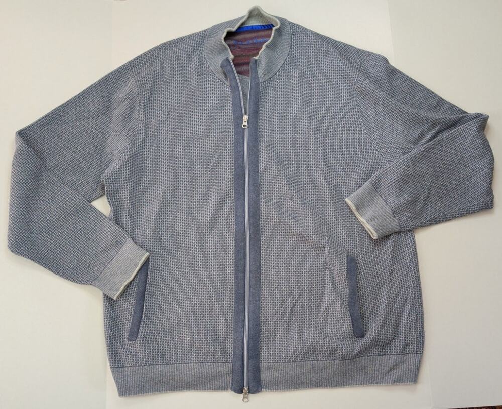 Robert Graham Sweater Mens 2XL Gray Full Zip Cotton Mock Neck Knit Classic Fit